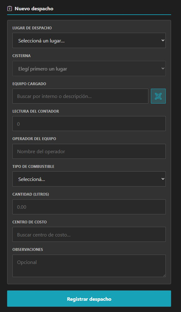 App de combustible: registro rápido de cargas desde el celular en los cenetros de despachos.